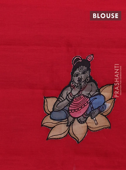 Silk cotton saree bottle green and red with kalamkari applique work and piping border