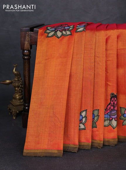 Silk cotton saree sunset orange and black with kalamkari applique work and piping border