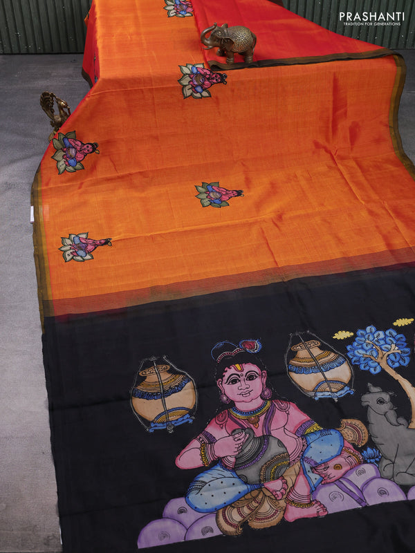 Silk cotton saree sunset orange and black with kalamkari applique work and piping border