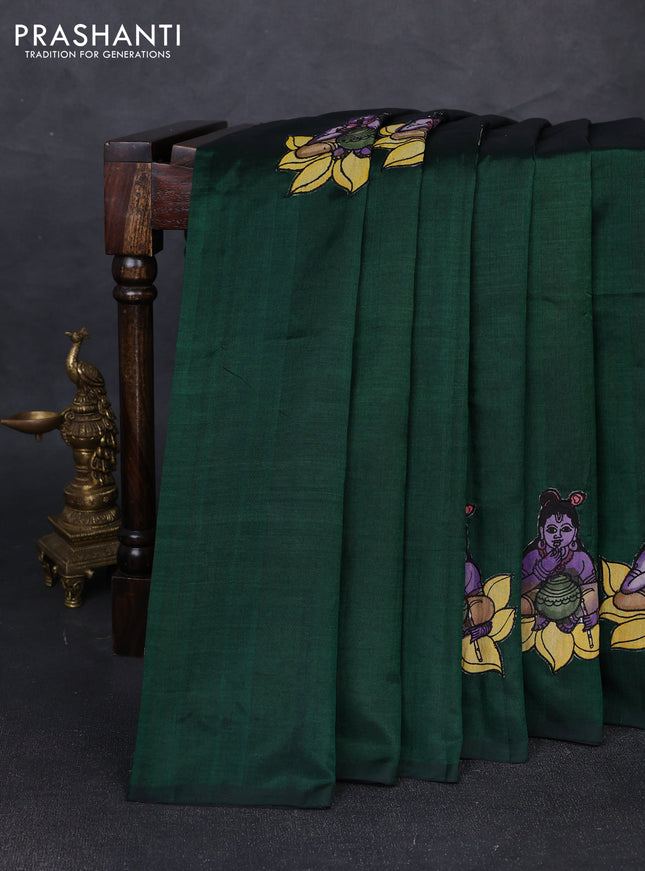 Silk cotton saree bottle green with kalamkari applique work in borderless style