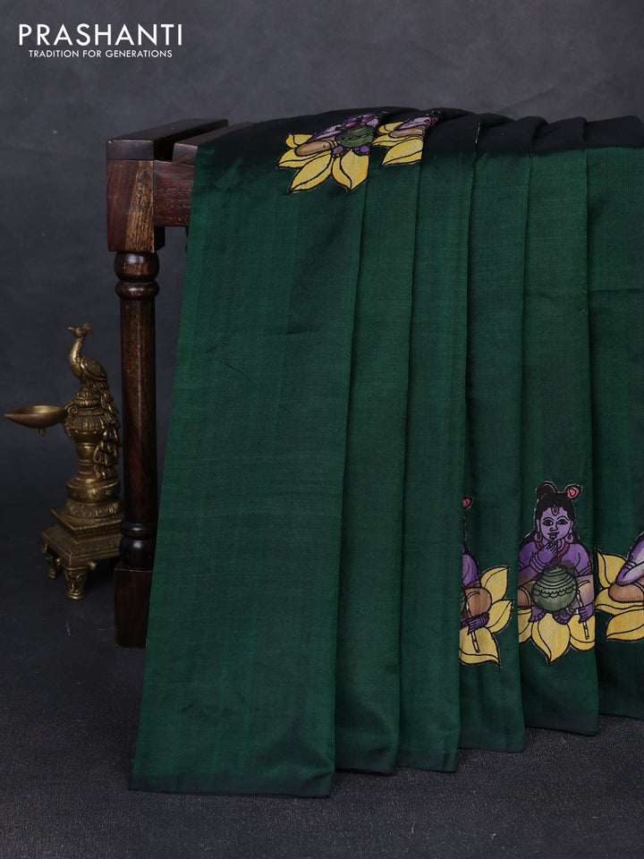 Silk cotton saree bottle green with kalamkari applique work in borderless style