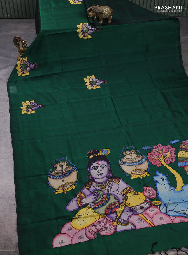 Silk cotton saree bottle green with kalamkari applique work in borderless style