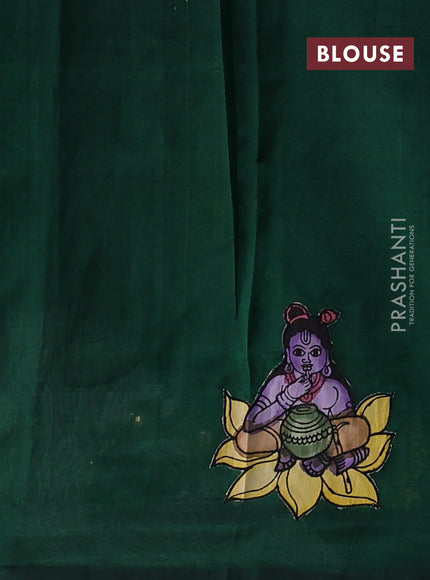 Silk cotton saree bottle green with kalamkari applique work in borderless style