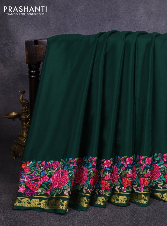 Pure mysore silk saree bottle green with plain body and embroidery zari woven border