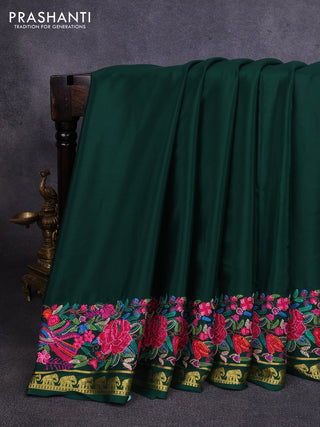 Pure mysore silk saree bottle green with plain body and embroidery zari woven border