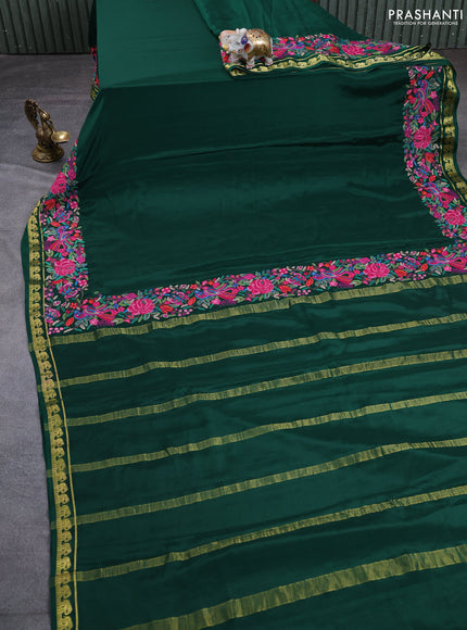 Pure mysore silk saree bottle green with plain body and embroidery zari woven border