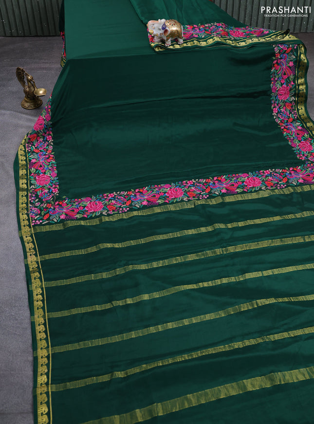 Pure mysore silk saree bottle green with plain body and embroidery zari woven border