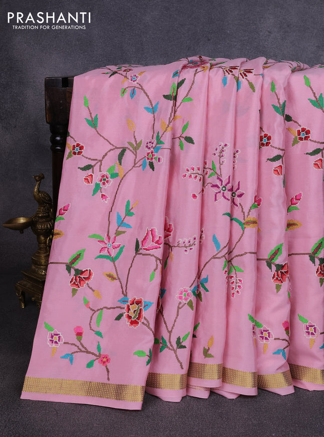 Pure mysore silk saree pastel pink with allover embroidery weaves and zari woven border