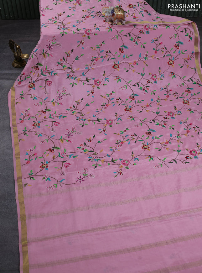 Pure mysore silk saree pastel pink with allover embroidery weaves and zari woven border