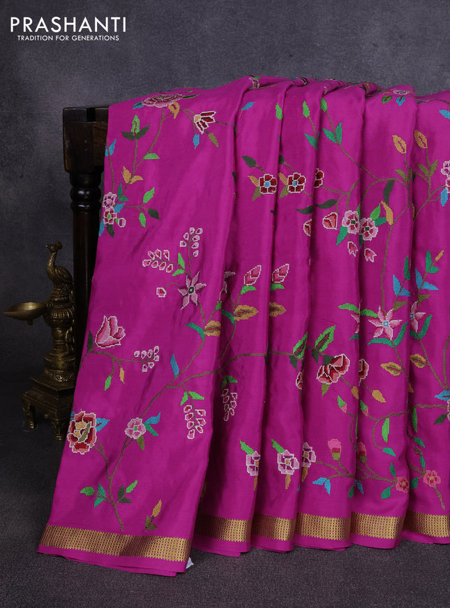 Pure mysore silk saree pink with allover embroidery weaves and zari woven border