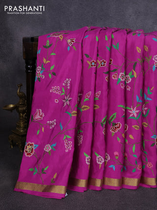 Pure mysore silk saree pink with allover embroidery weaves and zari woven border