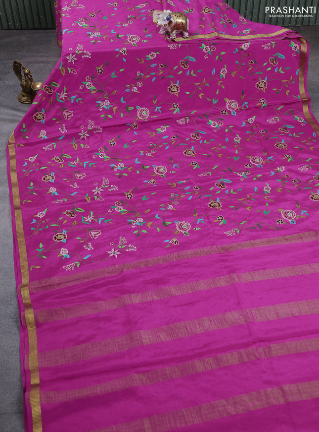 Pure mysore silk saree pink with allover embroidery weaves and zari woven border