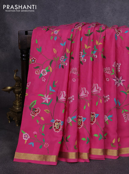 Pure mysore silk saree peach pink with allover embroidery weaves and zari woven border