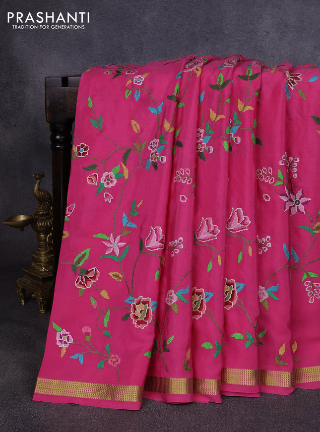 Pure mysore silk saree peach pink with allover embroidery weaves and zari woven border