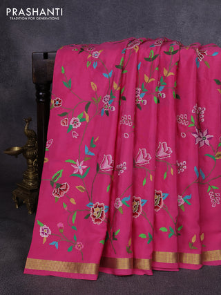 Pure mysore silk saree peach pink with allover embroidery weaves and zari woven border