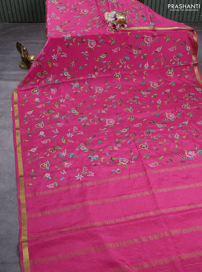 Pure mysore silk saree peach pink with allover embroidery weaves and zari woven border