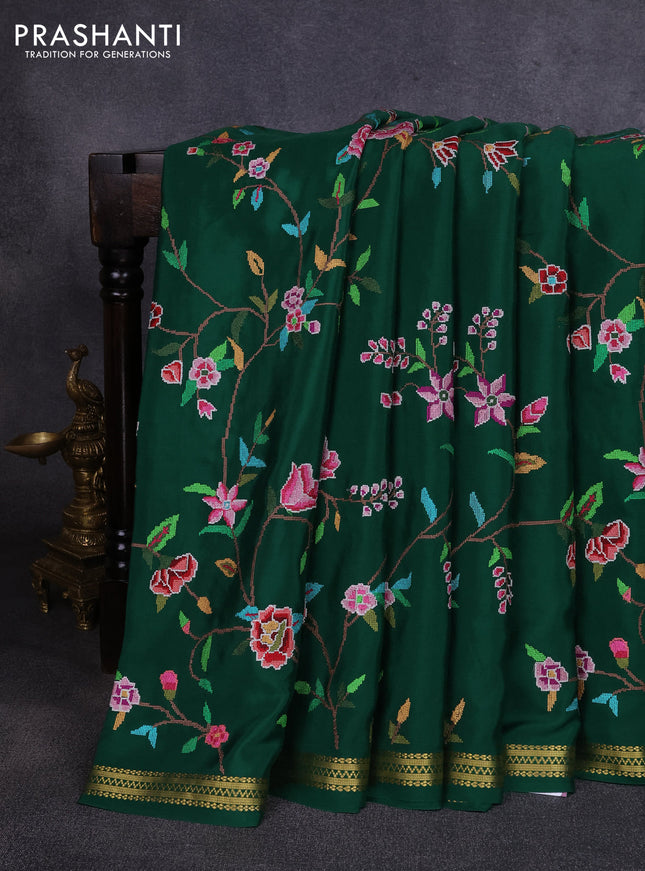 Pure mysore silk saree green with allover embroidery weaves and zari woven border