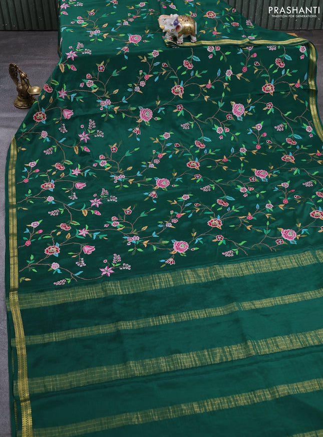 Pure mysore silk saree green with allover embroidery weaves and zari woven border