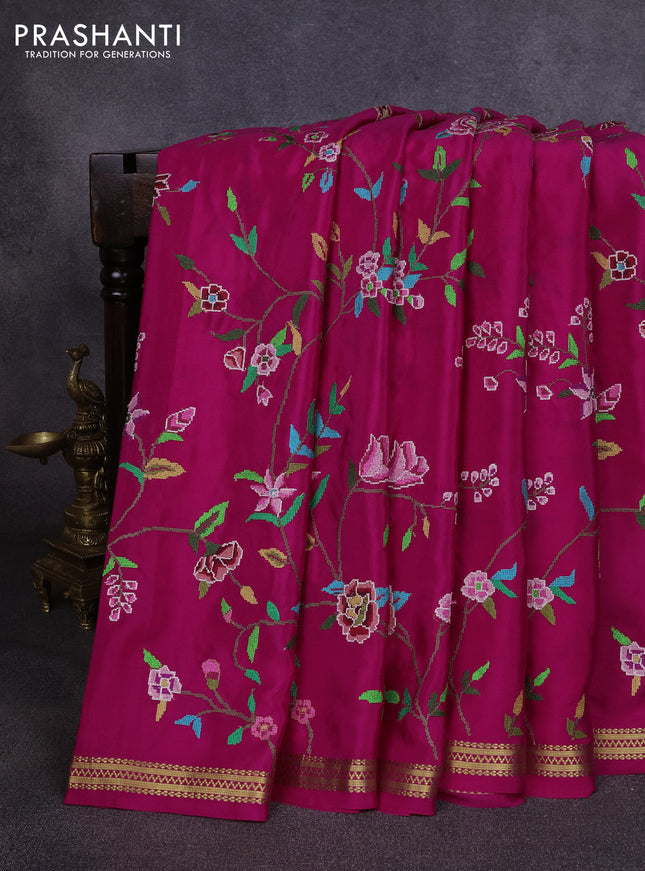 Pure mysore silk saree pink with allover embroidery weaves and zari woven border