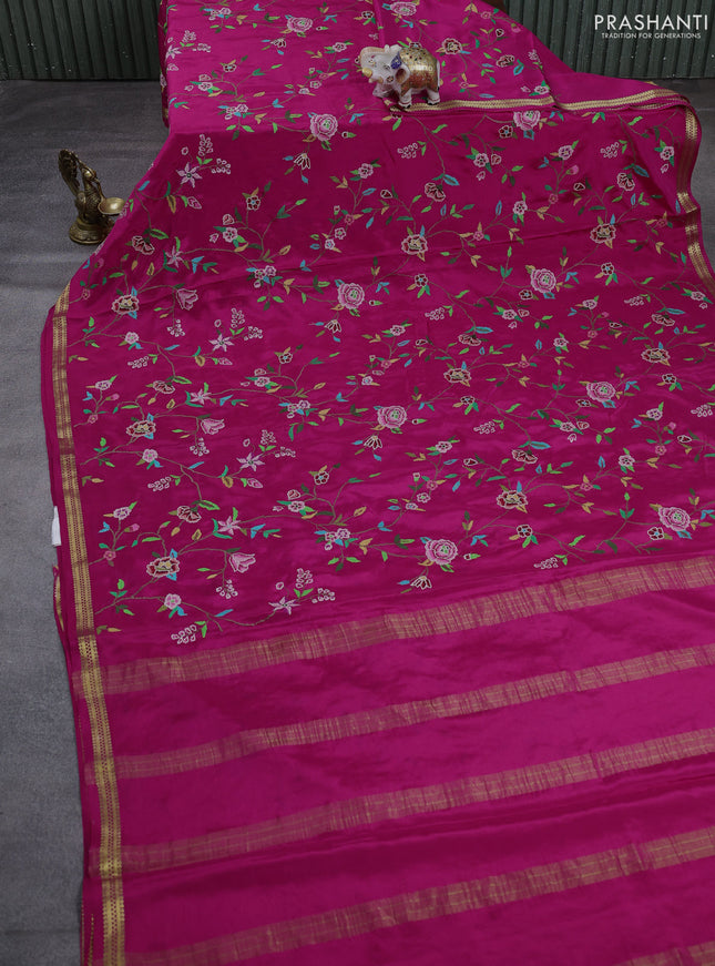 Pure mysore silk saree pink with allover embroidery weaves and zari woven border