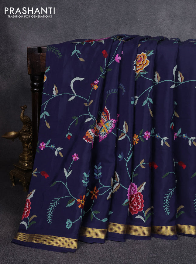 Pure mysore silk saree navy blue with allover embroidery weaves and zari woven border