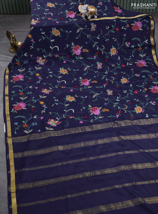 Pure mysore silk saree navy blue with allover embroidery weaves and zari woven border