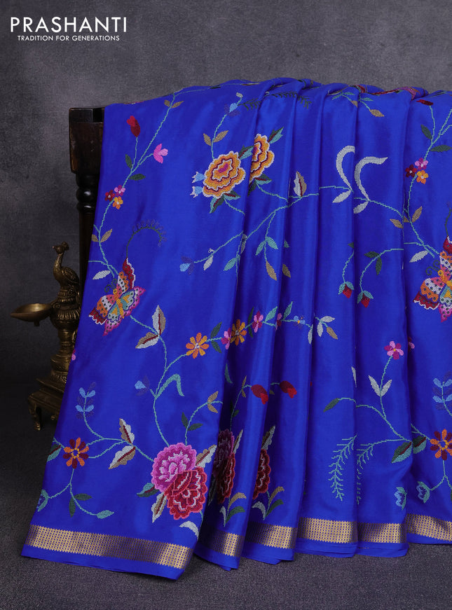 Pure mysore silk saree royal blue with allover embroidery weaves and zari woven border