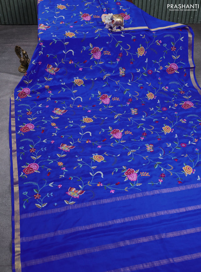 Pure mysore silk saree royal blue with allover embroidery weaves and zari woven border