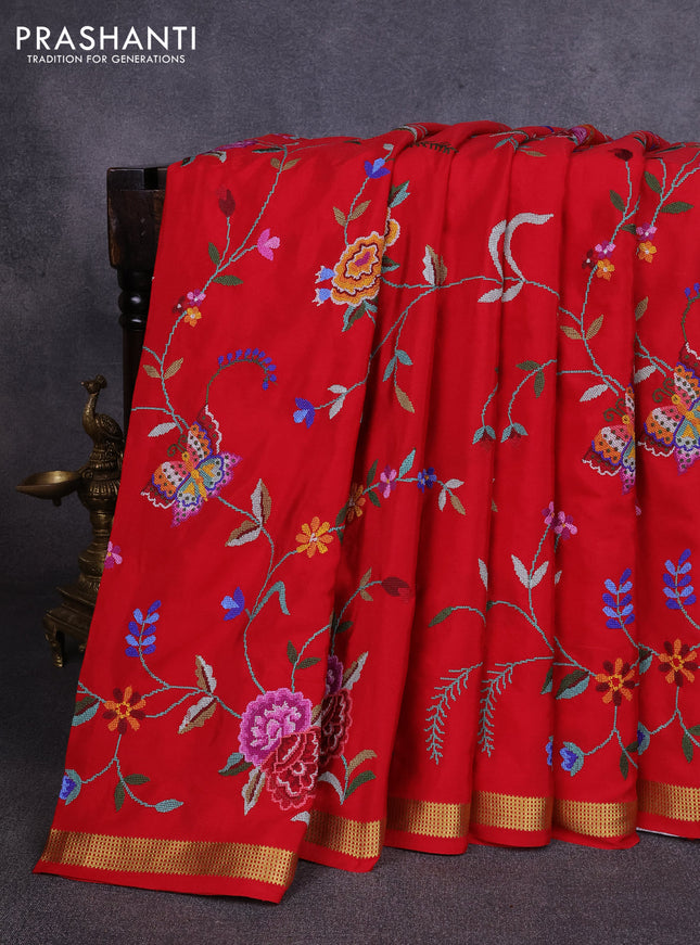 Pure mysore silk saree red with allover embroidery weaves and zari woven border
