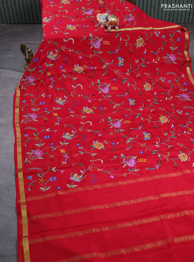 Pure mysore silk saree red with allover embroidery weaves and zari woven border