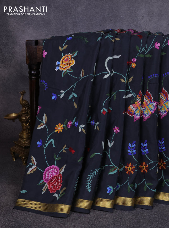Pure mysore silk saree black with allover embroidery weaves and zari woven border