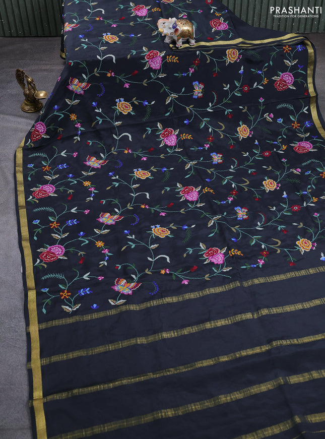 Pure mysore silk saree black with allover embroidery weaves and zari woven border