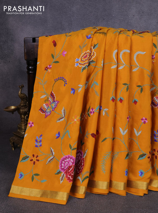 Pure mysore silk saree mustard yellow with allover embroidery weaves and zari woven border