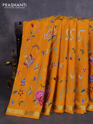 Pure mysore silk saree mustard yellow with allover embroidery weaves and zari woven border