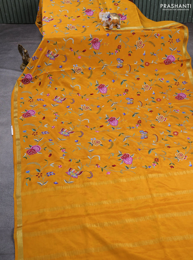 Pure mysore silk saree mustard yellow with allover embroidery weaves and zari woven border