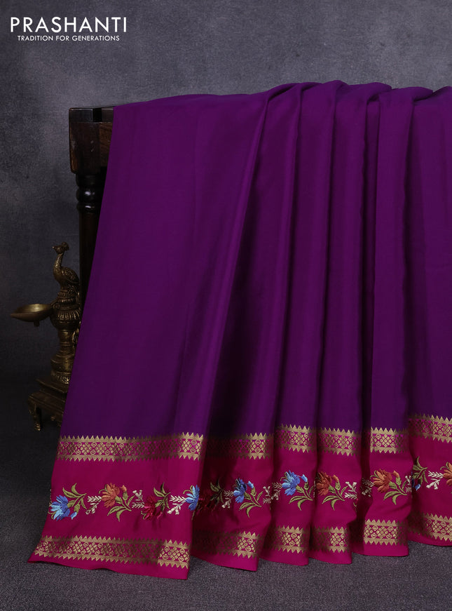 Pure mysore silk saree purple and pink with plain body and rettapet zari woven embroidery border