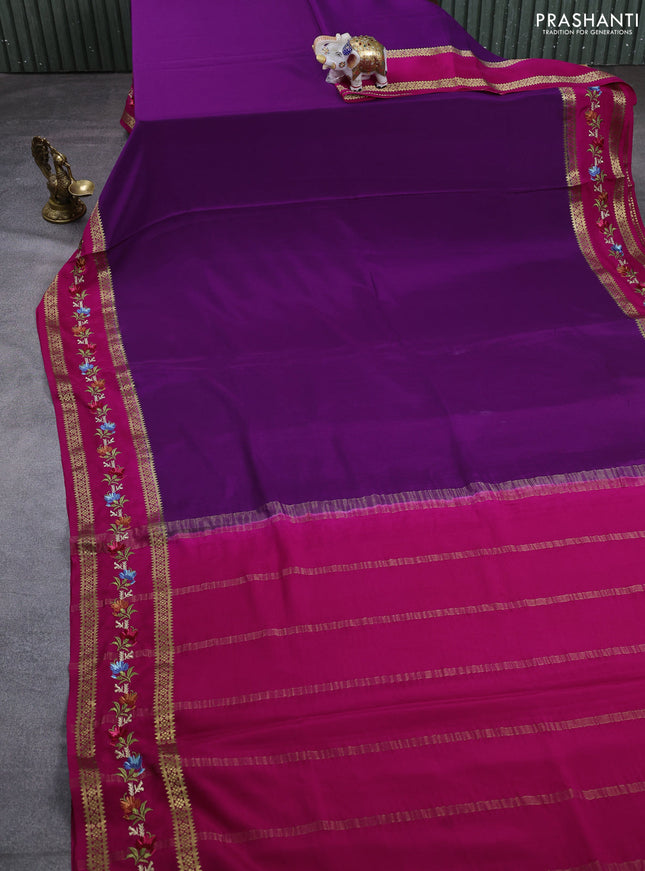 Pure mysore silk saree purple and pink with plain body and rettapet zari woven embroidery border