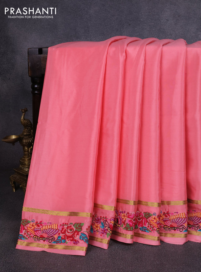 Pure mysore silk saree peach pink with plain body and rettapet zari woven embroidery border