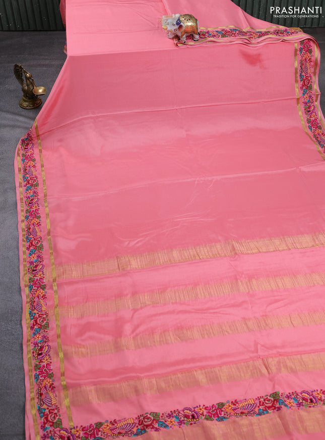 Pure mysore silk saree peach pink with plain body and rettapet zari woven embroidery border
