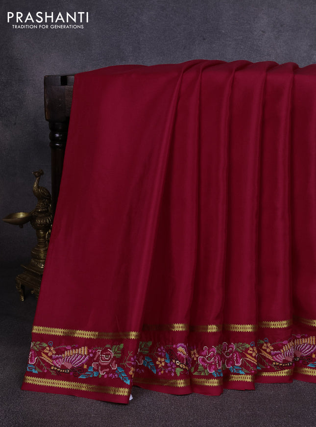 Pure mysore silk saree red with plain body and rettapet zari woven embroidery border