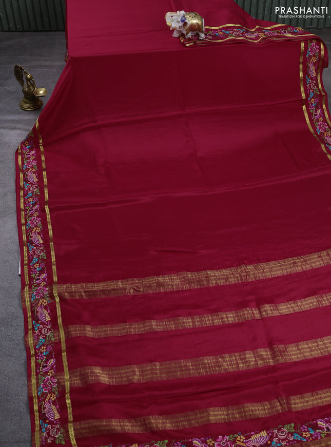 Pure mysore silk saree red with plain body and rettapet zari woven embroidery border