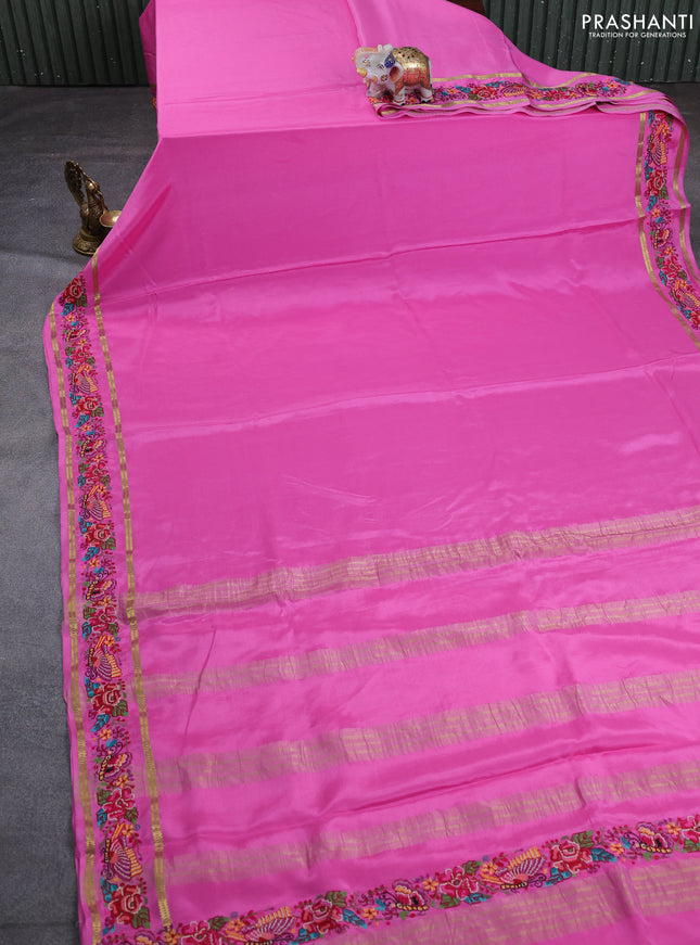 Pure mysore silk saree pink with plain body and rettapet zari woven embroidery border