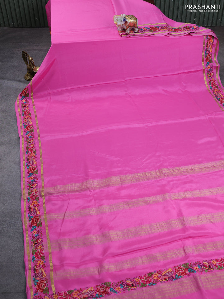 Pure mysore silk saree pink with plain body and rettapet zari woven embroidery border