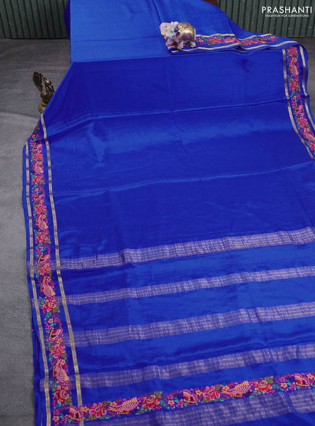 Pure mysore silk saree royal blue with plain body and rettapet zari woven embroidery border