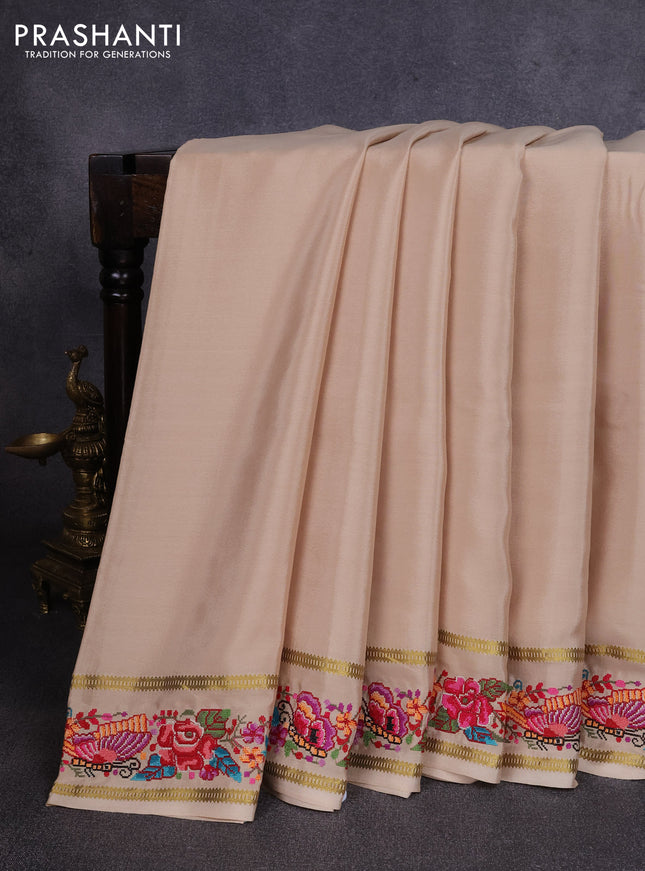 Pure mysore silk saree beige with plain body and rettapet zari woven embroidery border