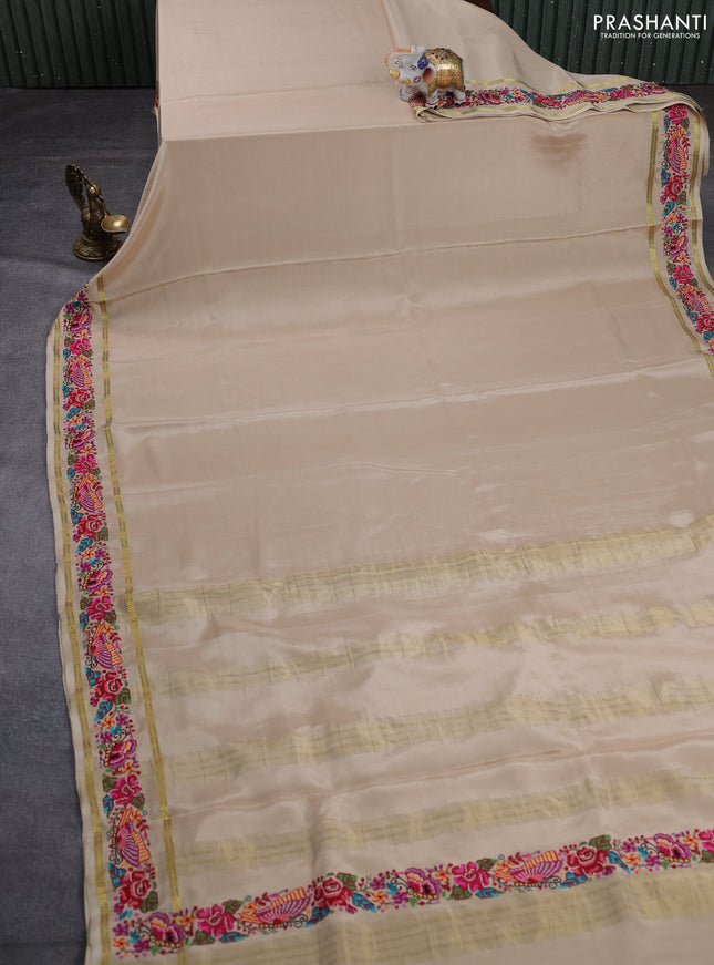 Pure mysore silk saree beige with plain body and rettapet zari woven embroidery border