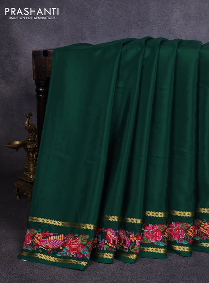Pure mysore silk saree bottle green with plain body and rettapet zari woven embroidery border