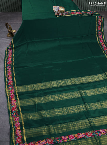 Pure mysore silk saree bottle green with plain body and rettapet zari woven embroidery border