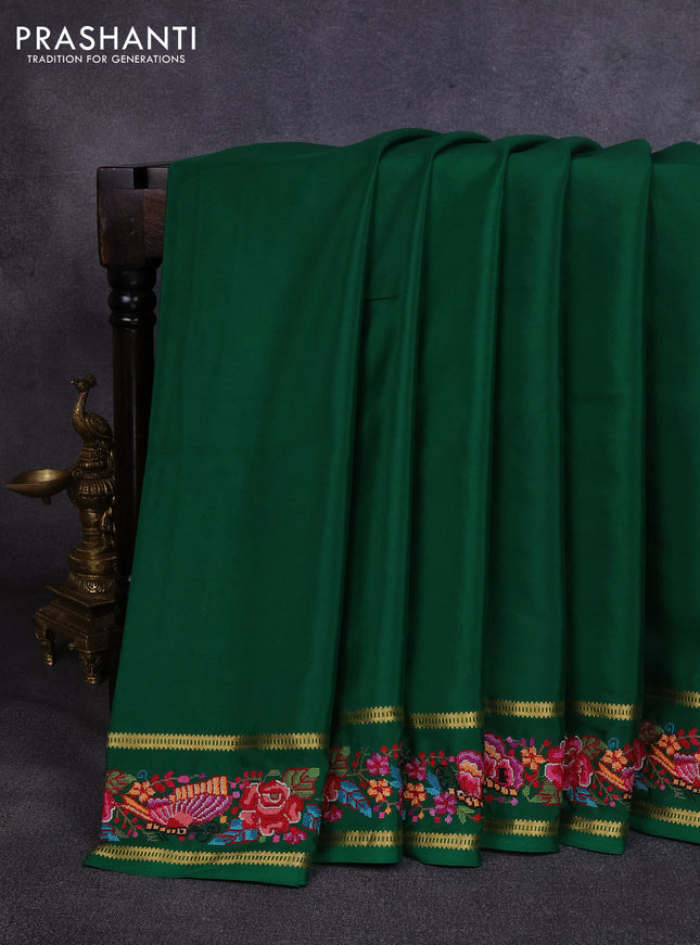 Pure mysore silk saree green with plain body and rettapet zari woven embroidery border