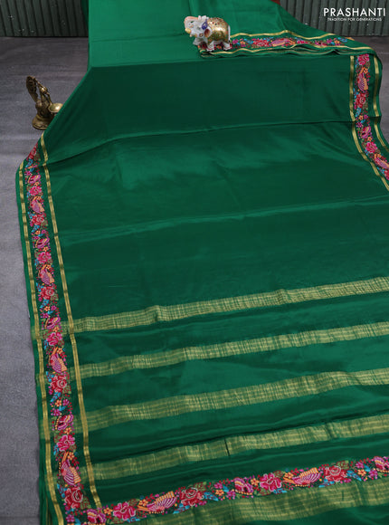 Pure mysore silk saree green with plain body and rettapet zari woven embroidery border